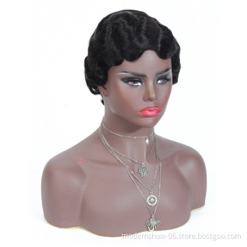 Wholesale Retro Water Finger Wave Short Pixie Cut Curly Bob Brazilian Human Hair Wigs For Black Women Cosplay Party
